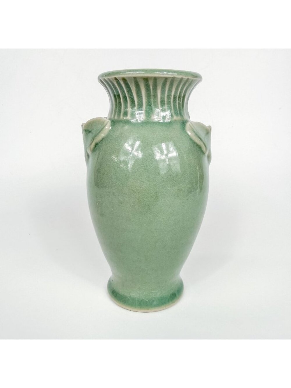 Jensen Turnage Studio Pottery Celadon Green Butterfly Handles Vase 6''